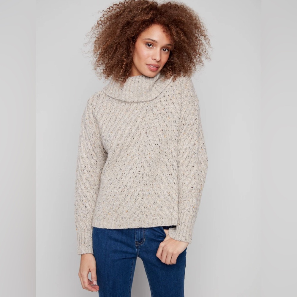 Cowl Neck Diagonal Cable Sweater